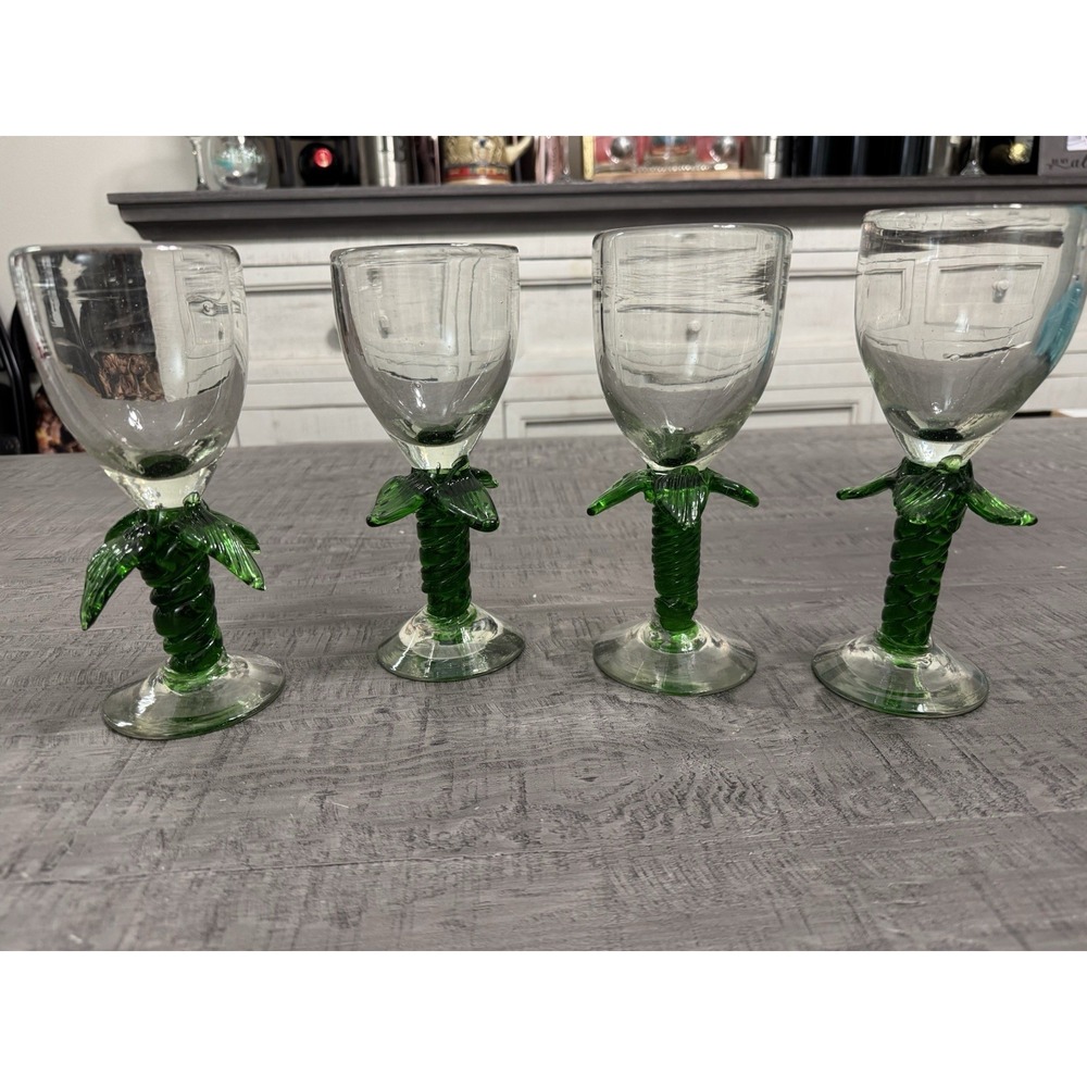 Hand‎ Blown Art Glass Palm Tree Stem Goblets Set of 4 Green Tropical Vintage